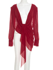 Mesh Draped Plunge Neck Long Sleeve Top