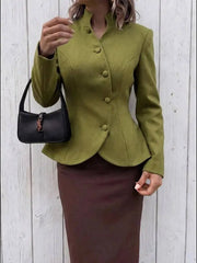 Stand Collar Peplum Hem Diagonal Buttoned Blazer