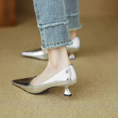 Thin Med Heels Pointed Toe Leather Pumps Office Lady Shoes