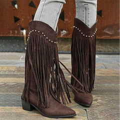 Metal Rivet Tassel Knee High Boots