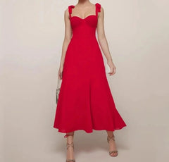 Solid Red Tie Bow Strap Sleeveless Women Midi Dress - Golden Atelier