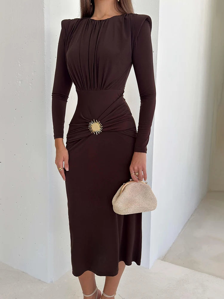 Long sleeve draped maxi dress with metal waist detail

