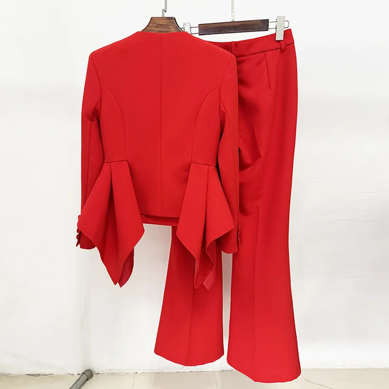Back view of red peplum blazer and flare trousers suit set