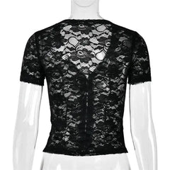 Sheer Lace V-Neck Short Sleeve Top