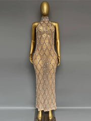 Sheer Rhinestone High Neck Tank Maxi Dress