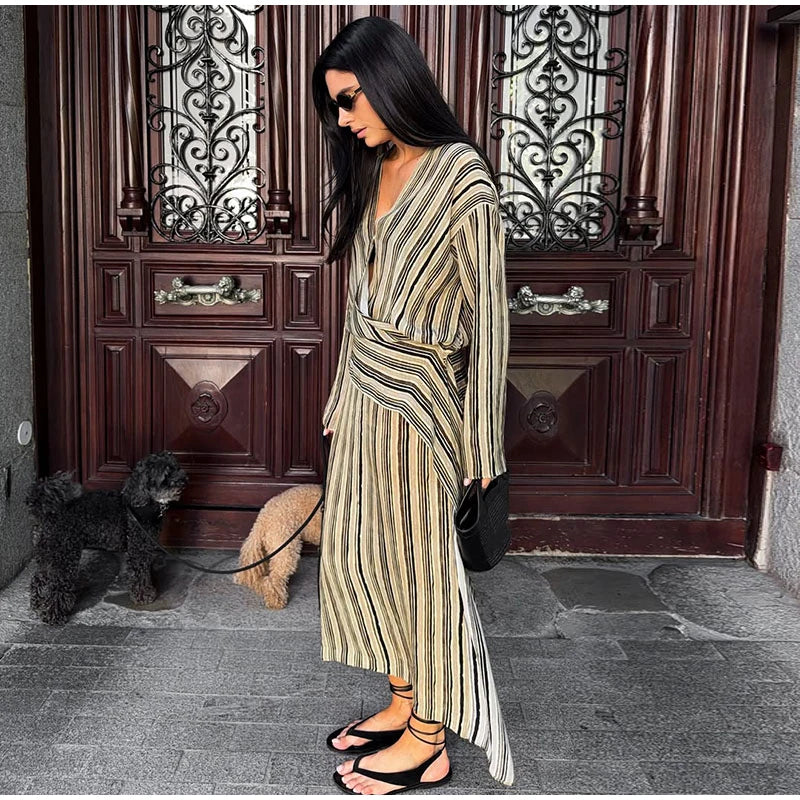 Striped V-Neck Maxi Dress with full sleeves