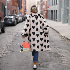 Love Heart Pattern Faux Fur Long Jacket