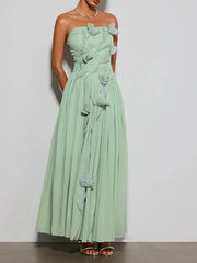 Strapless floral chiffon midi dress close-up of floral detail