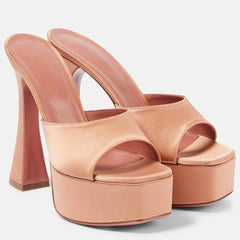 Champagne satin platform block heel mules