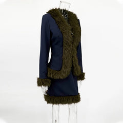 Fur Trim Long Sleeve Coat and Mini Skirt Set