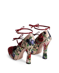 Floral Print Bow Strap Chunky Heel Pumps
