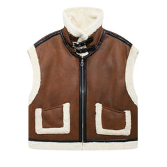 Brown Turn-Down Collar Sleeveless Vest Coat