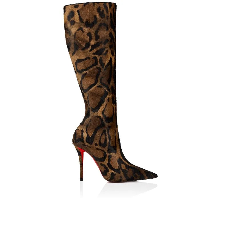 Leopard print knee-high boot with a red sole