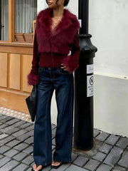 Faux Fur Trimmed Knit Cropped Jacket