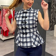 Check Peplum Knot Buttoned Top