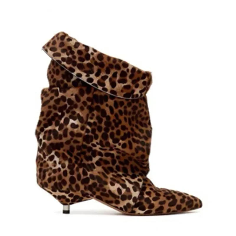 Leopard print wrinkled ankle boot with a thin heel