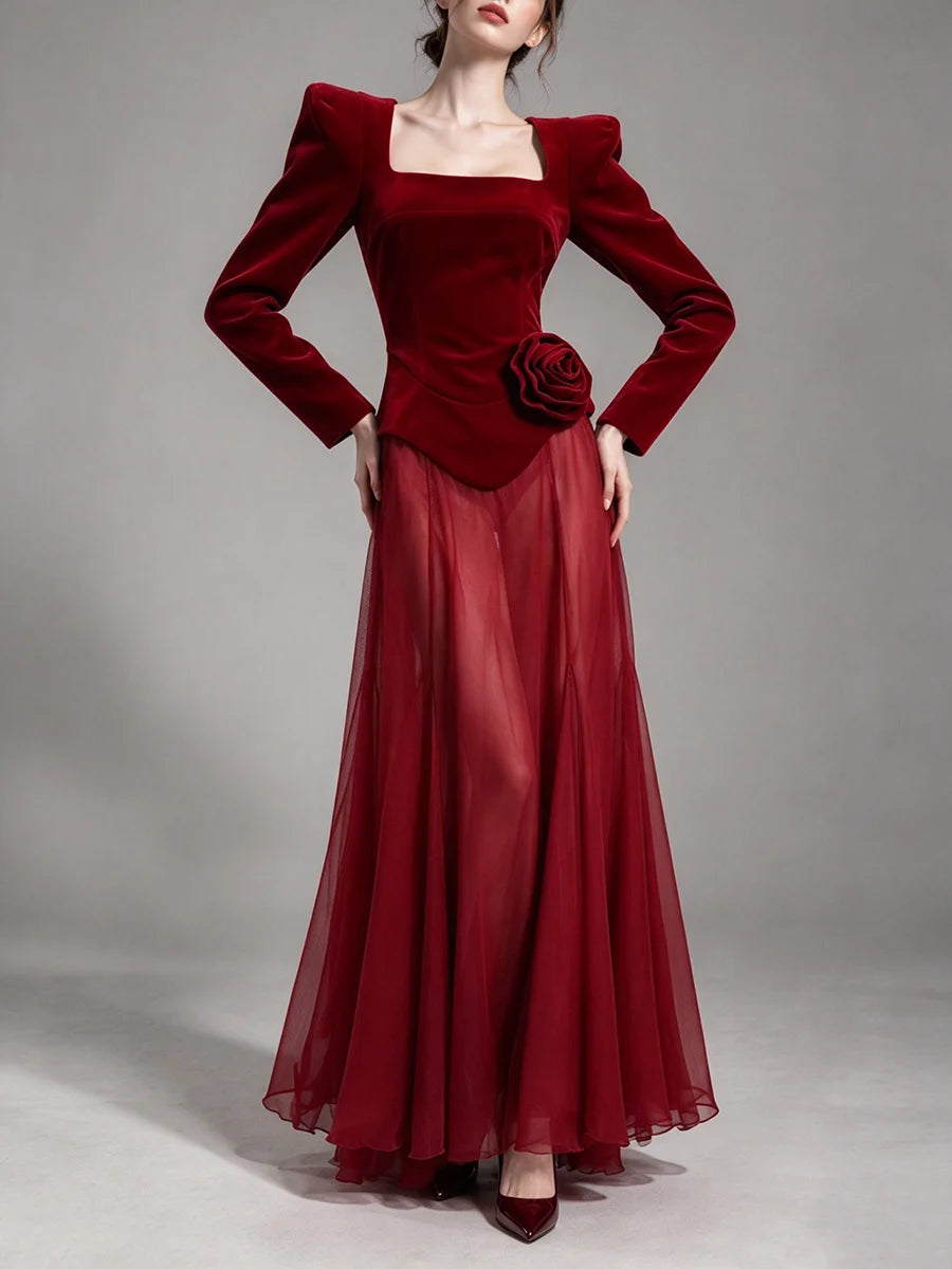 Velvet square neck maxi dress with floral appliqué