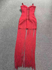 Corset Spaghetti Strap Beaded Fringe Gown