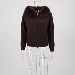 Hooded Faux Fur Trim Knit Jacket