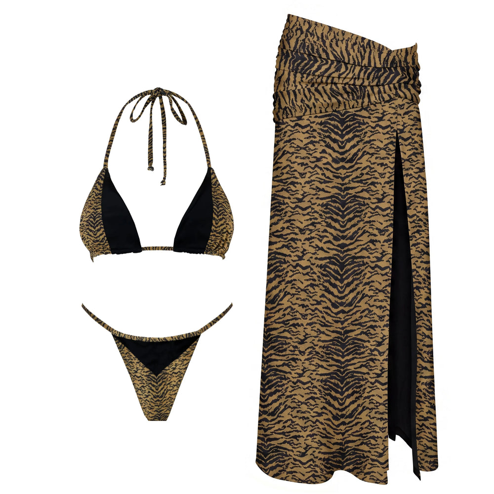 Tiger stripe bikini and high-slit maxi skirt set