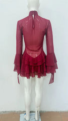 Burgendy Sheer Ruffle Hem Turtleneck Mini Dress