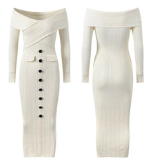 Two off-shoulder ribbed dresses on a white background