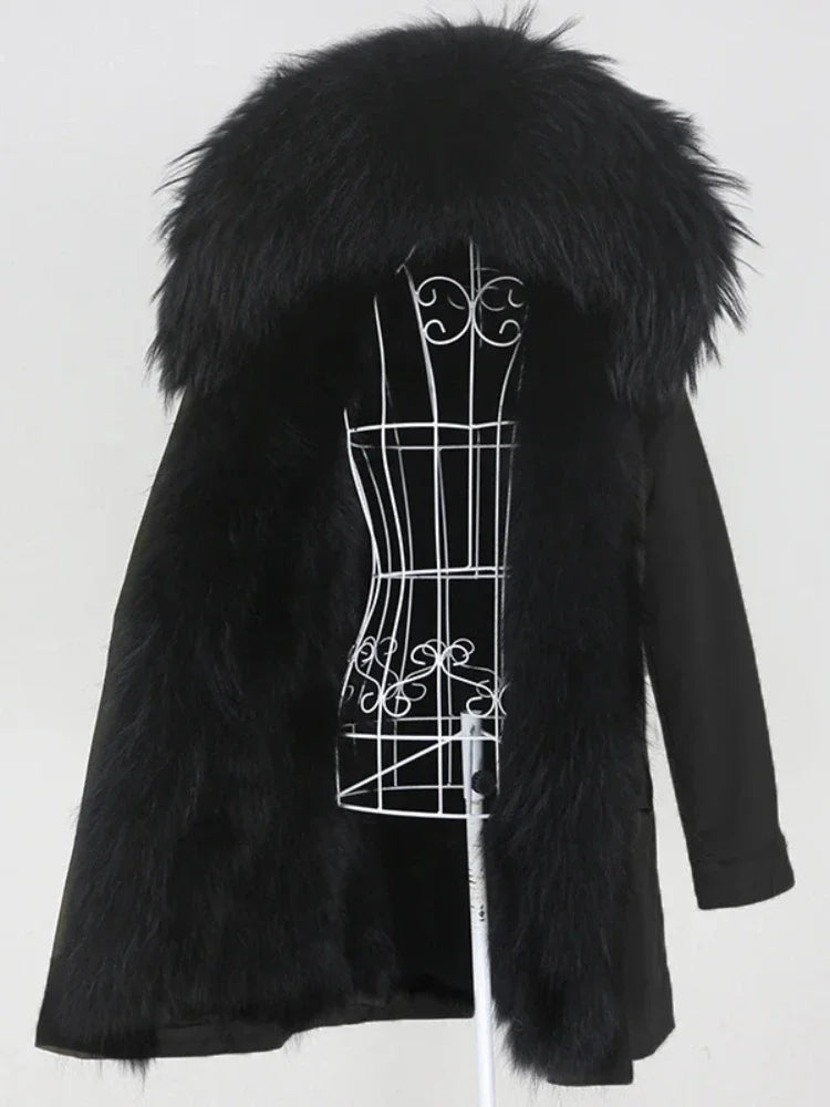 Black fur coat with a white wireframe dress form on a white background