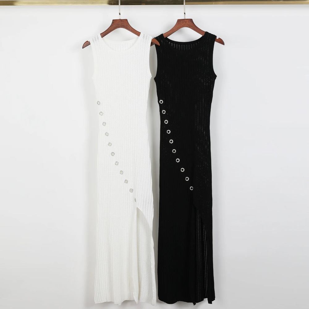 White perforated knit maxi dress detail