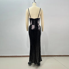 Diamond Embellished Sequin Evening Dress