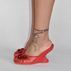 Embellished Mesh Wedge Mule Shoes