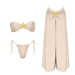 One-Piece Cut Out Swimsuit and Skirt Set with Gold Flower Accents