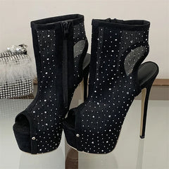 Rhinestone Mesh Peep Toe Booties