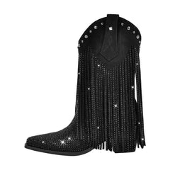 Black cowboy boot with fringes and rhinestones on a white background