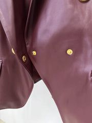 Double-breasted lion button pu leather blazer