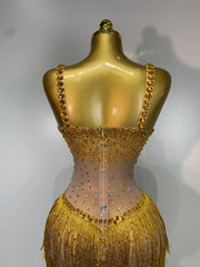 Rhinestone Tassel Mesh Strap Maxi Dress