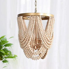 Wood Pendant Lights Vintage White Bead Suspension Chandeliers