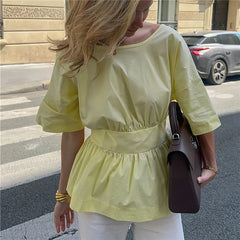 Bow Tie Waist Ruffle Hem Blouse