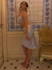 Blue Satin Lace Trim Crop Top and Midi Skirt Set