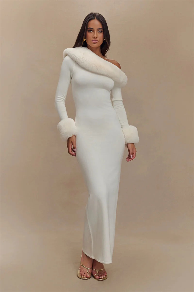 white off shoulder maxi dress with fur trim neckline
