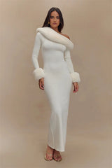 white off shoulder maxi dress with fur trim neckline
