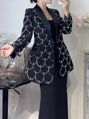 Beaded Pattern Blazer – Luxe Scallop Sequin Tailored Jacket