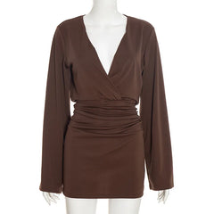 Plunge Neck Long Sleeve Ruched Mini Dress