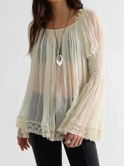 Sheer chiffon smocked cuff blouse - beige