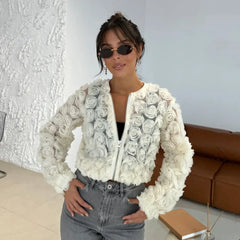 White 3D Flower Mesh Patchwork Long Sleeve Jacket