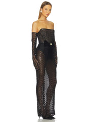 Black Sequin Mesh Long Dress With Gloves