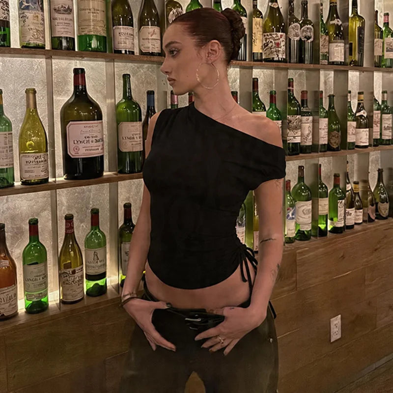 Asymmetrical one shoulder top with side ruching