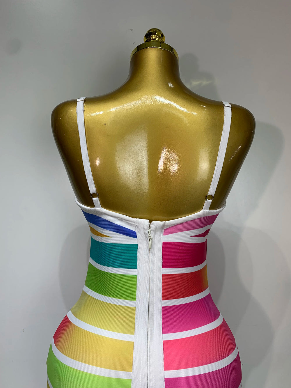 Colorful striped body-con mini bandage dress back view detail
