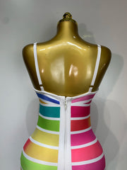 Colorful striped body-con mini bandage dress back view detail