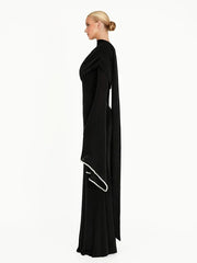 Off shoulder trumpet sleeve beaded neck long black dress side view