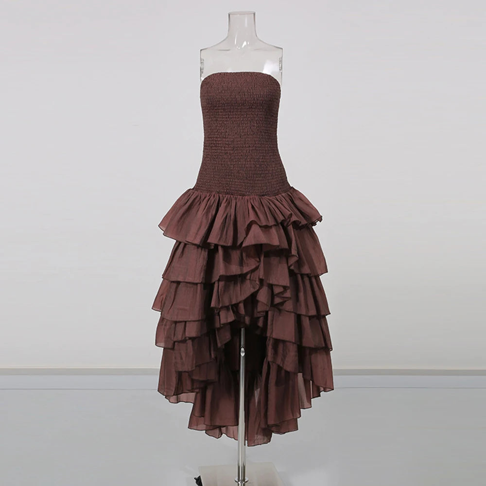 Strapless ruffle asymmetrical hem dress on mannequin front view